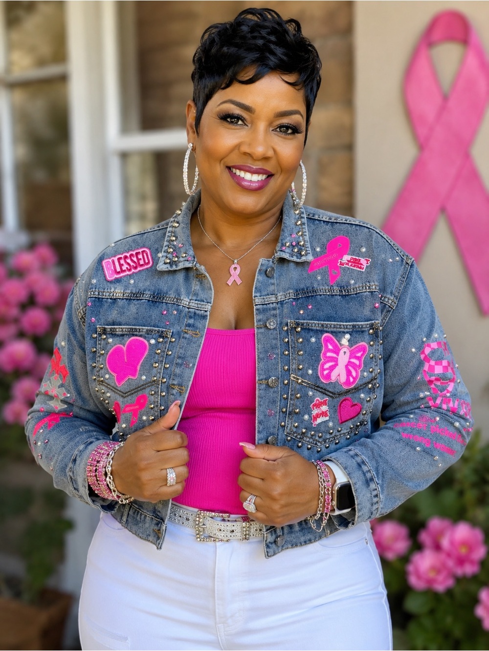 One Of A Kind Upcycled Breast Cancer “I AM A SURVIVOR” Denim Jacket XL
